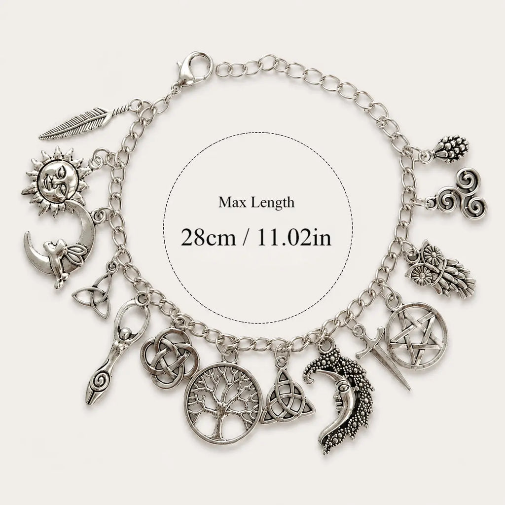 Vintage Witchy Charm Bracelet - Silver-Tone Pagan-Inspired Jewelry with Moon, Sun, Tree of Life, Owl, Pentagram Charms - Celestial Gothic Boho Gift (Celestial Theme, Dark Romance Vintage, Moon and Sun Symbol, Mystery Bracelets & Bangles), Celestia