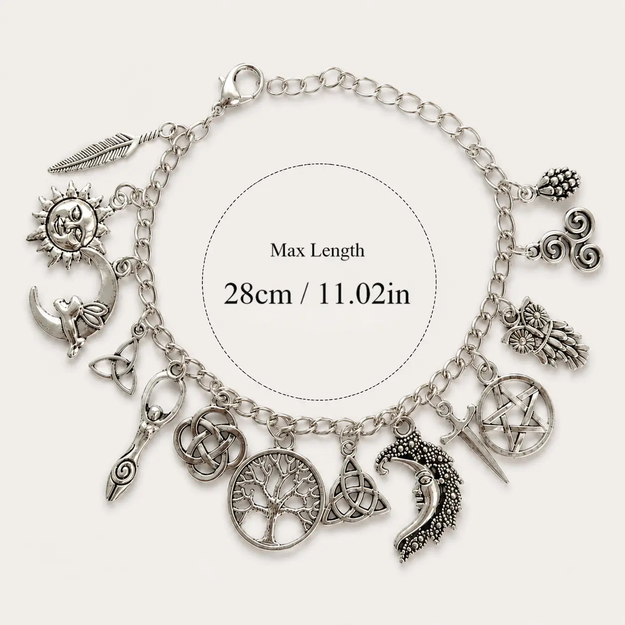 Vintage Witchy Charm Bracelet - Silver-Tone Pagan-Inspired Jewelry with Moon, Sun, Tree of Life, Owl, Pentagram Charms - Celestial Gothic Boho Gift (Celestial Theme, Dark Romance Vintage, Moon and Sun Symbol, Mystery Bracelets & Bangles), Celestia