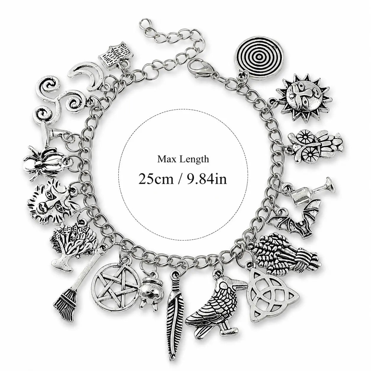 Vintage Witchy Charm Bracelet - Silver-Tone Pagan-Inspired Jewelry with Moon, Sun, Tree of Life, Owl, Pentagram Charms - Celestial Gothic Boho Gift (Celestial Theme, Dark Romance Vintage, Moon and Sun Symbol, Mystery Bracelets & Bangles), Celestia