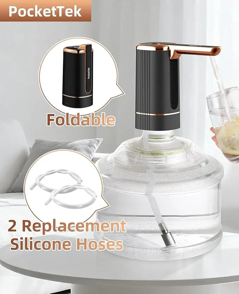 5 Gallon Water Pump Dispenser – Rechargeable & Foldable Electric Water Jug Pump, Type-C Water Bottle Pump with 2 Silicone Hoses & Stainless Steel Weight Sinker, for Camping/Home/Office