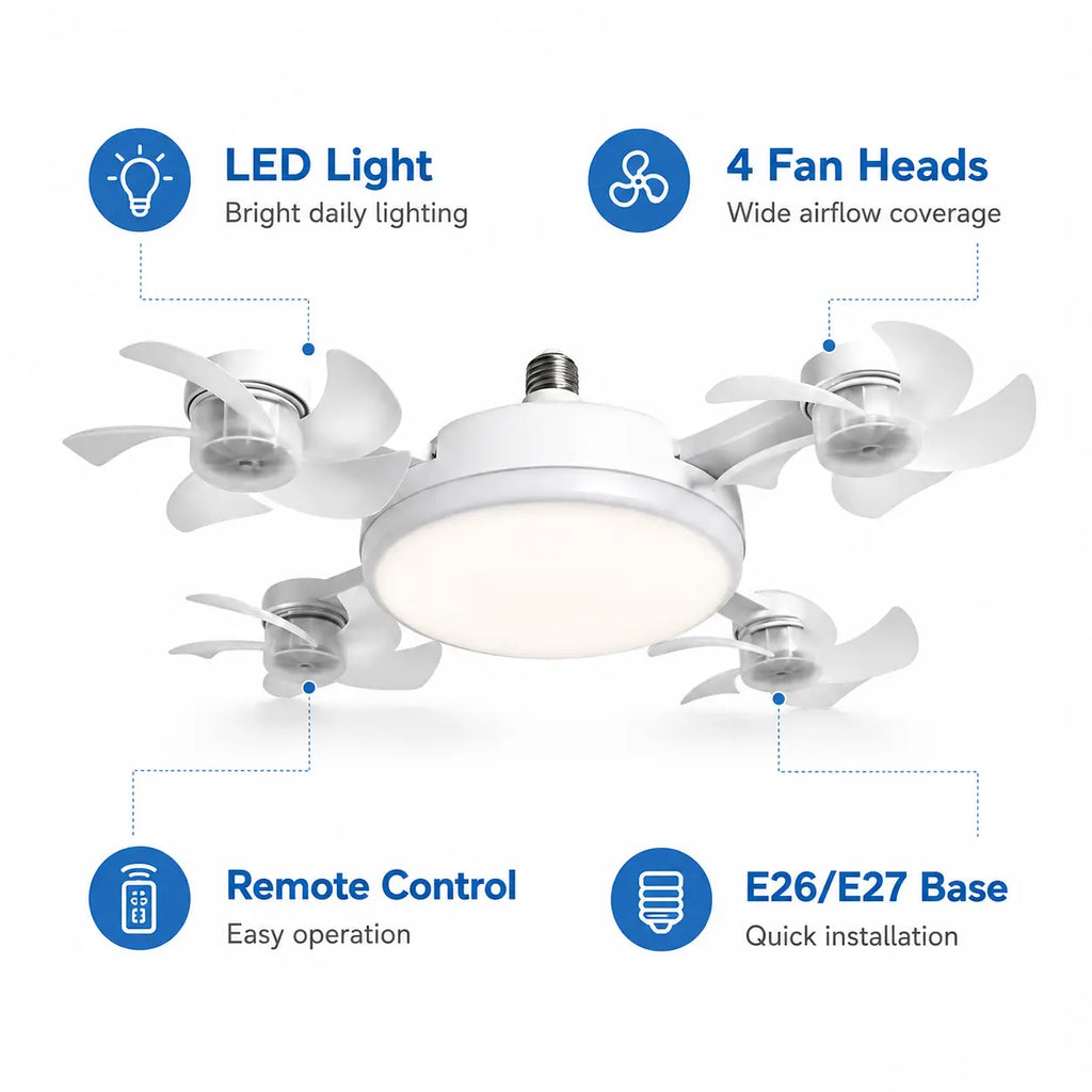 Ceiling Fan Light with Remote Control, 19.69 Inch Screw in LED Fan Light, E26/E27 Base Foldable Ceiling Fan with 4 Fan Heads, Quiet Airflow & Bright Lighting, Easy Installation for Bedroom, Living Room, Kitchen, Office, Dorm, Small Room Use