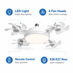 Ceiling Fan Light with Remote Control, 19.69 Inch Screw in LED Fan Light, E26/E27 Base Foldable Ceiling Fan with 4 Fan Heads, Quiet Airflow & Bright Lighting, Easy Installation for Bedroom, Living Room, Kitchen, Office, Dorm, Small Room Use