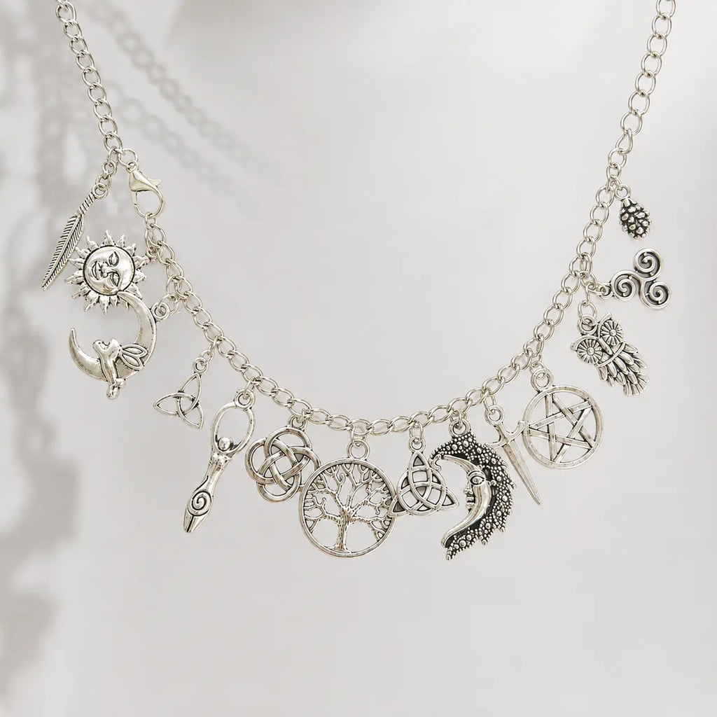Vintage Witchy Charm Bracelet - Silver-Tone Pagan-Inspired Jewelry with Moon, Sun, Tree of Life, Owl, Pentagram Charms - Celestial Gothic Boho Gift (Celestial Theme, Dark Romance Vintage, Moon and Sun Symbol, Mystery Bracelets & Bangles), Celestia