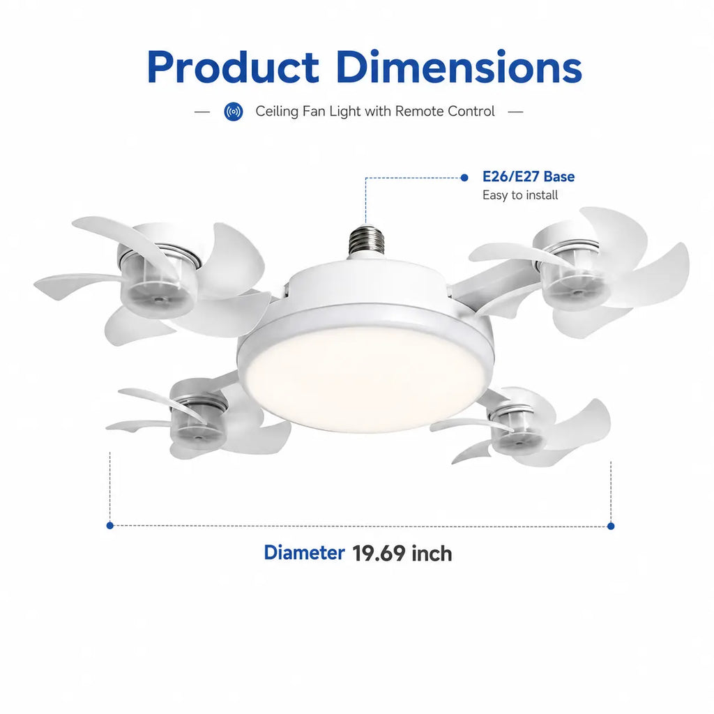 Ceiling Fan Light with Remote Control, 19.69 Inch Screw in LED Fan Light, E26/E27 Base Foldable Ceiling Fan with 4 Fan Heads, Quiet Airflow & Bright Lighting, Easy Installation for Bedroom, Living Room, Kitchen, Office, Dorm, Small Room Use