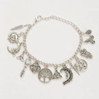 Vintage Witchy Charm Bracelet - Silver-Tone Pagan-Inspired Jewelry with Moon, Sun, Tree of Life, Owl, Pentagram Charms - Celestial Gothic Boho Gift (Celestial Theme, Dark Romance Vintage, Moon and Sun Symbol, Mystery Bracelets & Bangles), Celestia