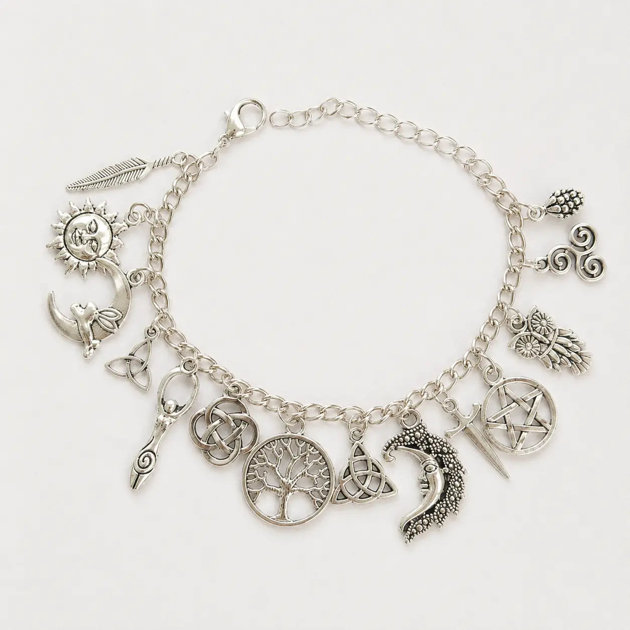 Vintage Witchy Charm Bracelet - Silver-Tone Pagan-Inspired Jewelry with Moon, Sun, Tree of Life, Owl, Pentagram Charms - Celestial Gothic Boho Gift (Celestial Theme, Dark Romance Vintage, Moon and Sun Symbol, Mystery Bracelets & Bangles), Celestia