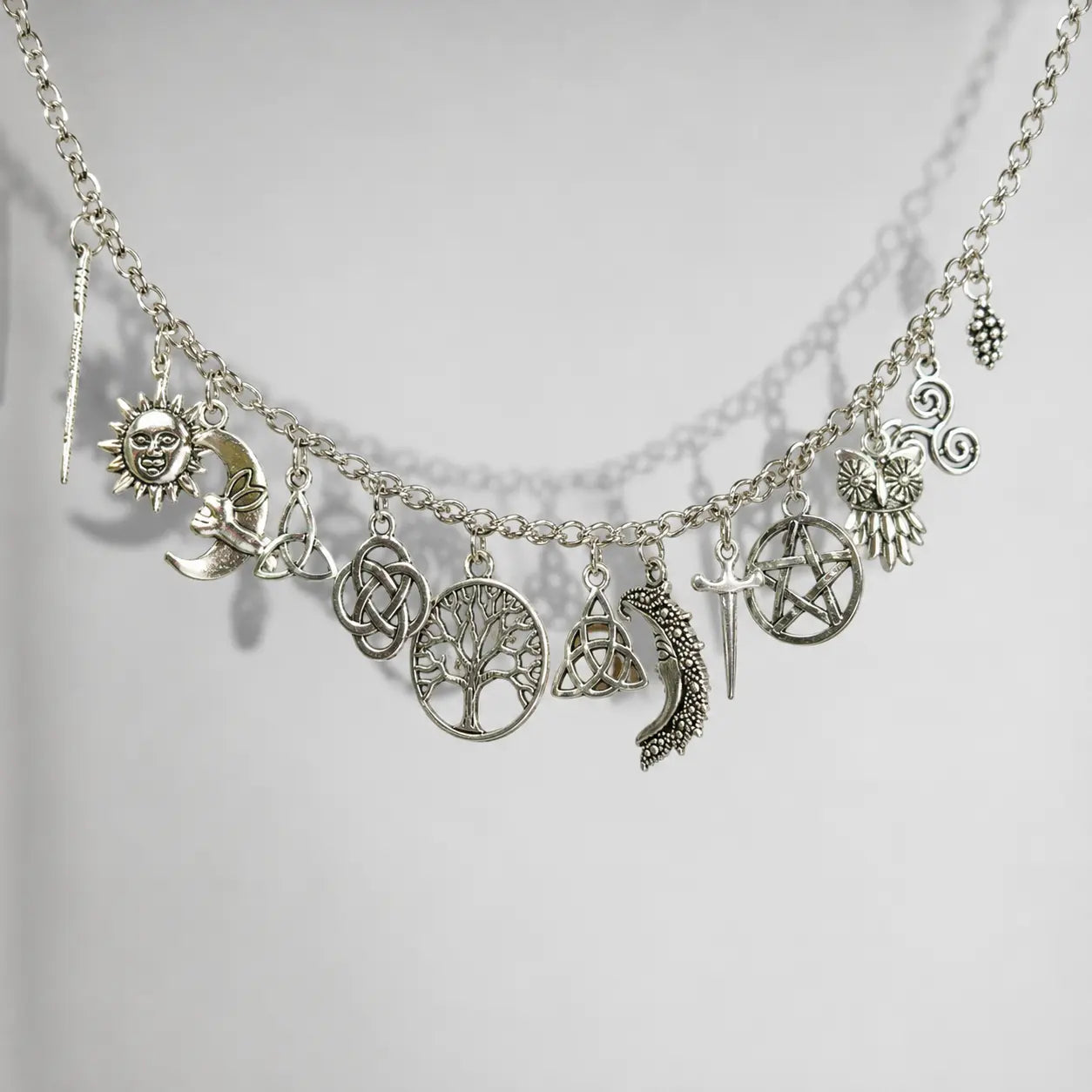 Vintage Witchy Charm Bracelet - Silver-Tone Pagan-Inspired Jewelry with Moon, Sun, Tree of Life, Owl, Pentagram Charms - Celestial Gothic Boho Gift (Celestial Theme, Dark Romance Vintage, Moon and Sun Symbol, Mystery Bracelets & Bangles), Celestia